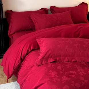 高端提花磨毛结婚四件套纯棉全棉2025新款 婚庆红色喜被套陪嫁床单