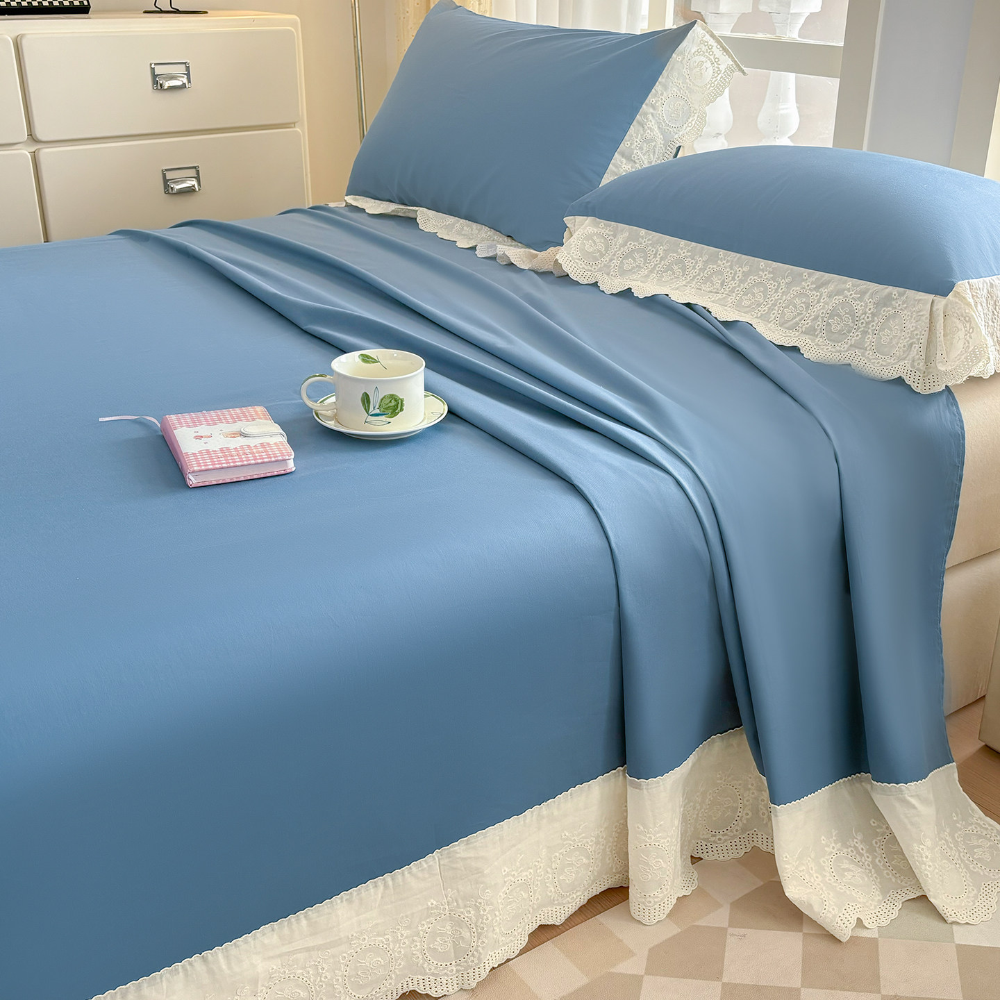 纯棉床单单件100全棉纯色蕾丝花边单双人单子被单枕套三件套炕单