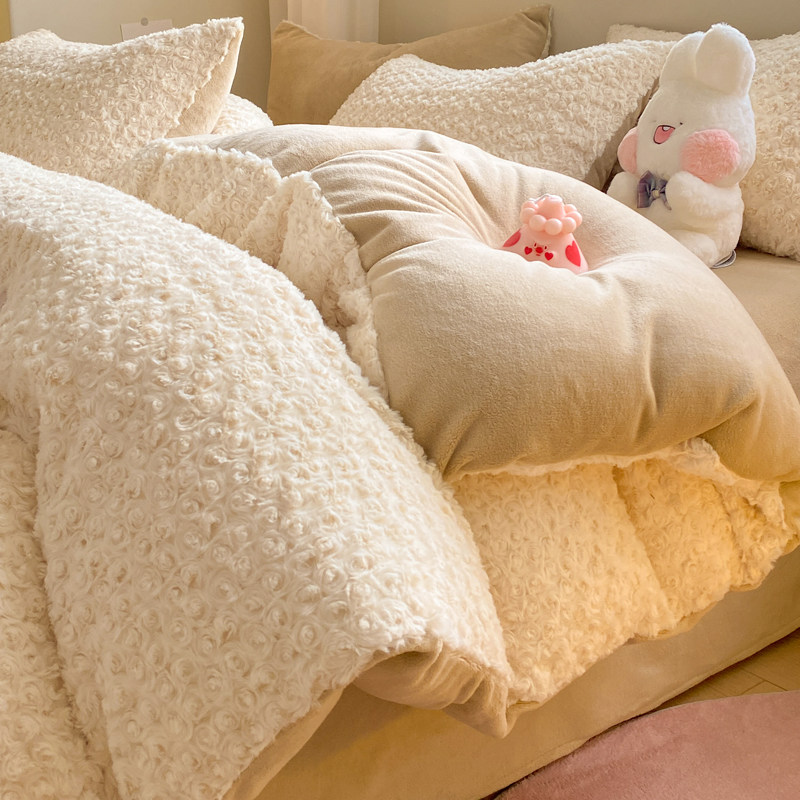 冬季款兔毛珊瑚绒被套单件加厚牛奶绒单人被罩双面加绒被单四件套