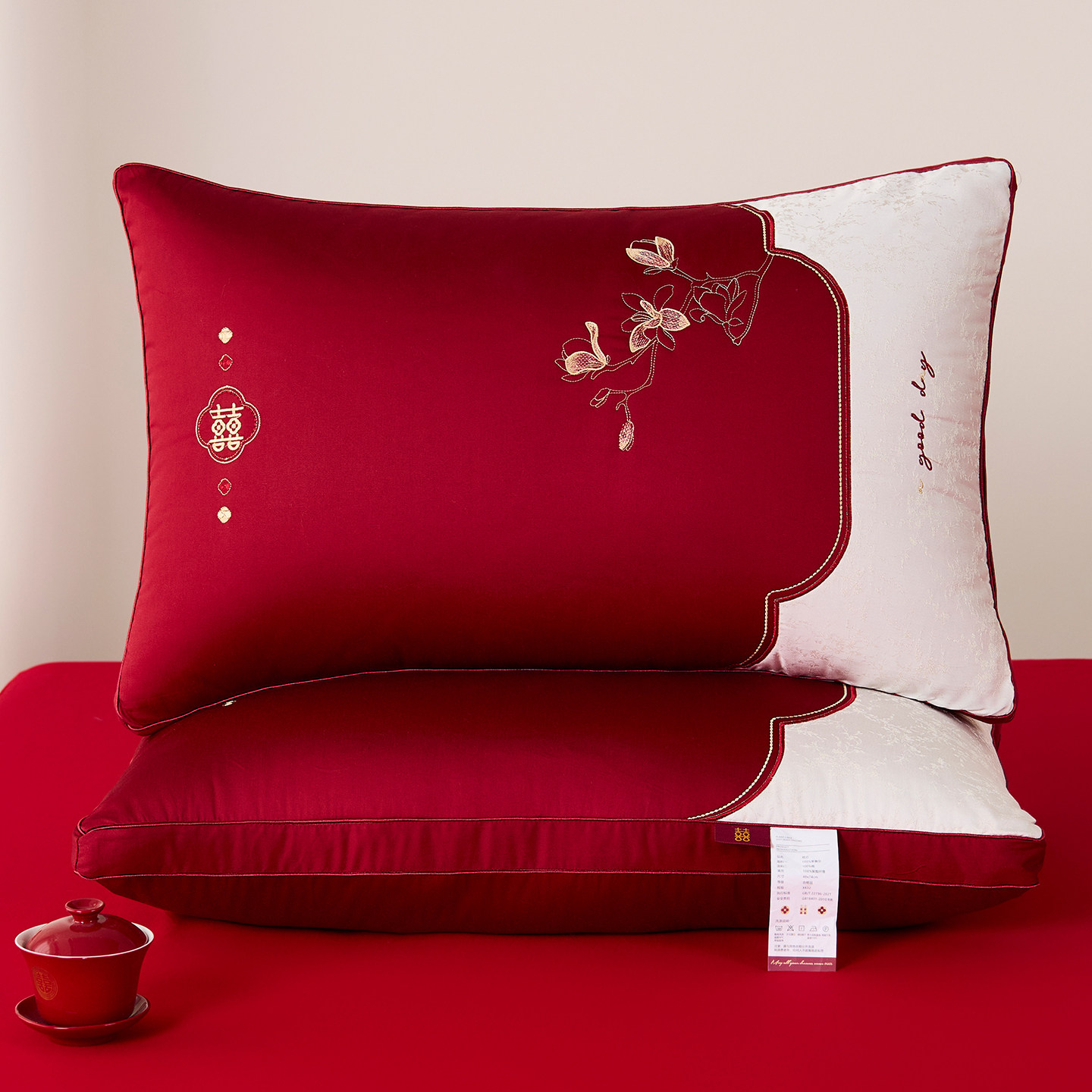 枕头结婚一对女方陪嫁新婚大红色喜枕婚庆蚕丝乳胶枕整头枕芯家用