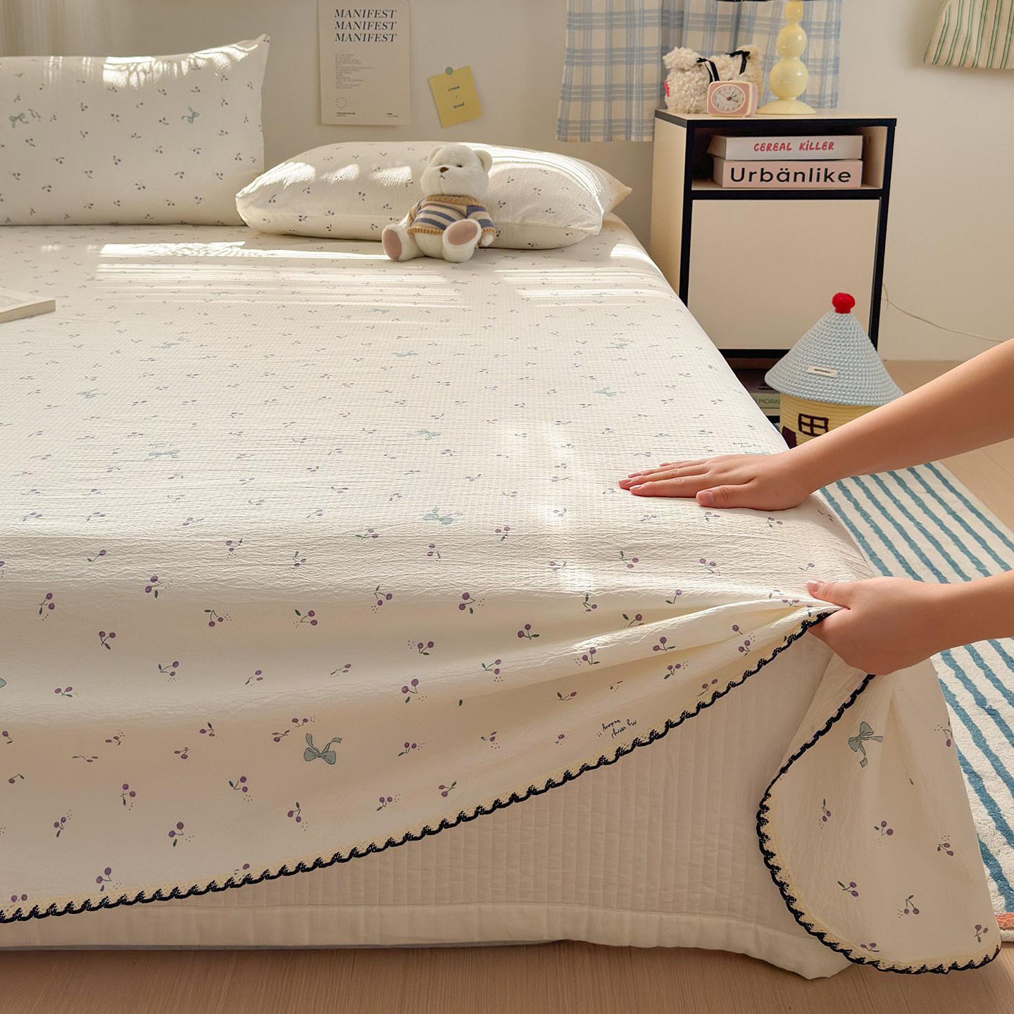 A类母婴级双层纱黑色小花边单人床单单件宿舍被单枕套三件套新款,床上用品,床单,淘宝优惠券,粉丝福利购,淘宝优惠卷