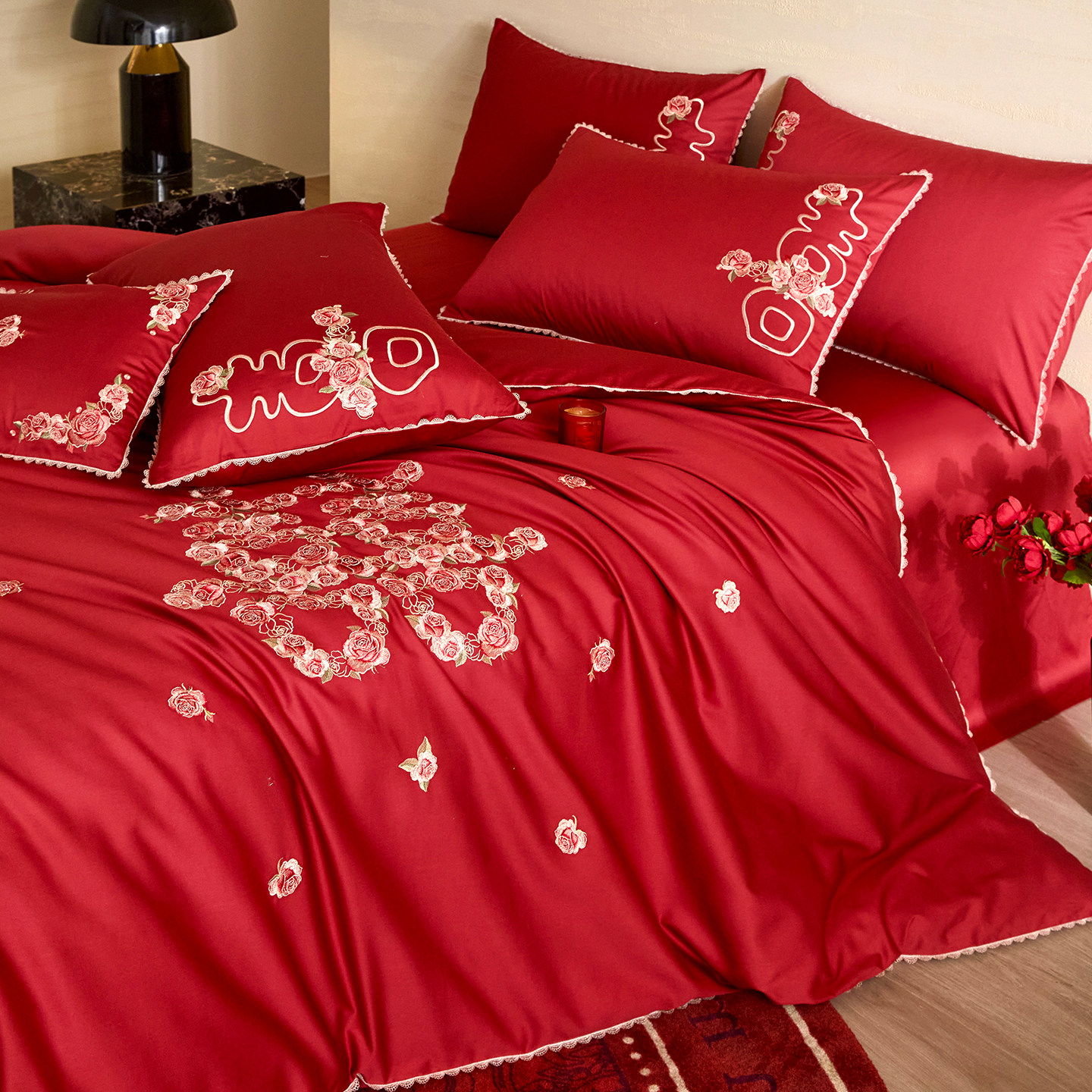 高级100Pro长绒棉结婚四件套大红色全棉床单被套纯棉婚嫁床上用品,床上用品,婚庆床品套件,淘宝优惠券,粉丝福利购,淘宝优惠卷