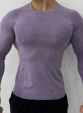 新款无缝提花运动长袖男秋季训练健身服修身弹力速干T恤跑步上衣