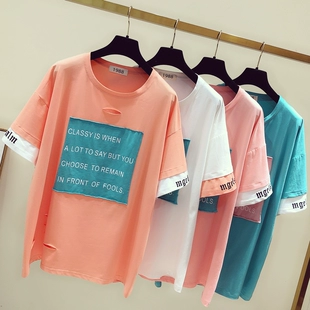 韩版 新款 T恤女蝙蝠衫 破洞大码 2023夏季 字母图案拼接上衣宽松短袖