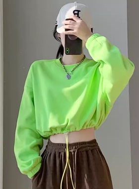 纯色短款卫衣女2025春秋宽松圆领收腰显瘦短款露肚脐健身薄款上衣