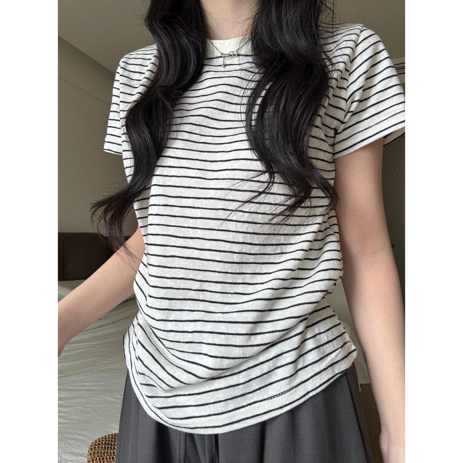 韩系慵懒棉麻条纹短袖T恤女显瘦图片