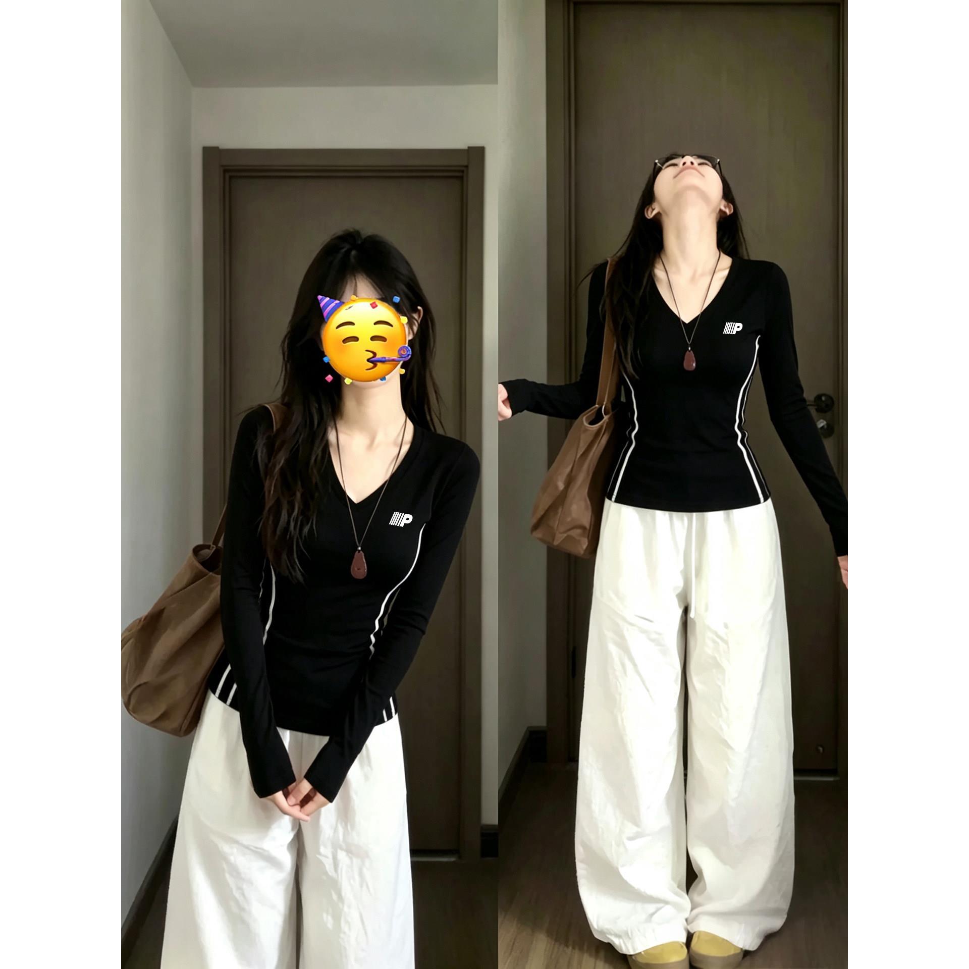 黑色V领侧腰条纹上衣长袖女紧身修身正肩t恤显瘦初秋季内搭打底衫