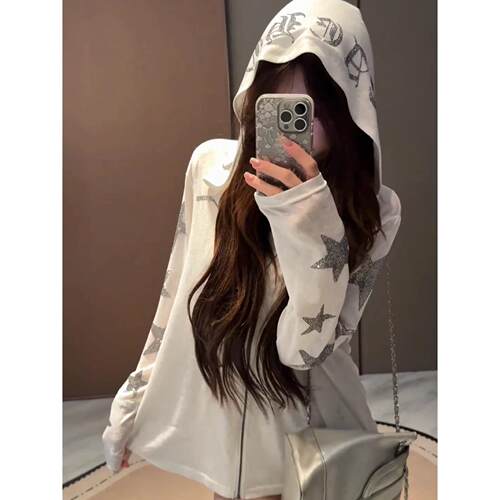 美式高街星星烫钻连帽防晒外套