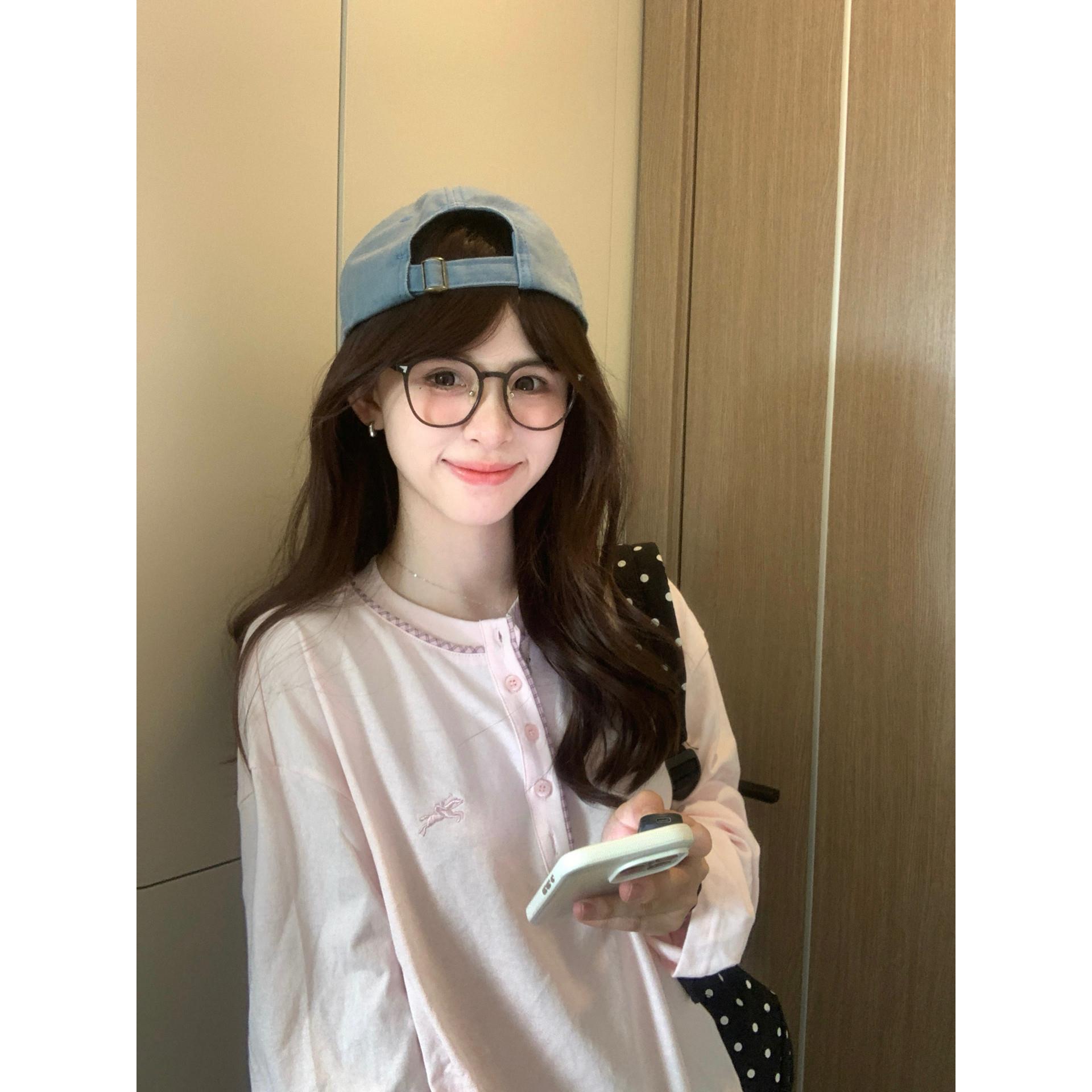 亨利领小马刺绣撞色长袖T恤女图片