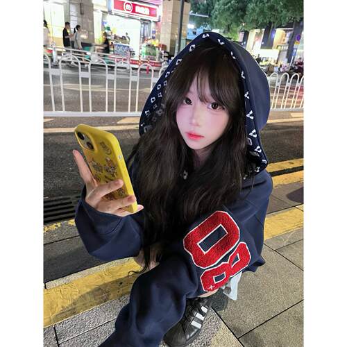 美式高街连帽拉链加绒卫衣女