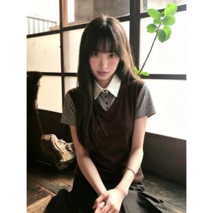 韩系格子假两件V领背心拼接正肩收腰短袖衬衫T恤女夏季设计感上衣