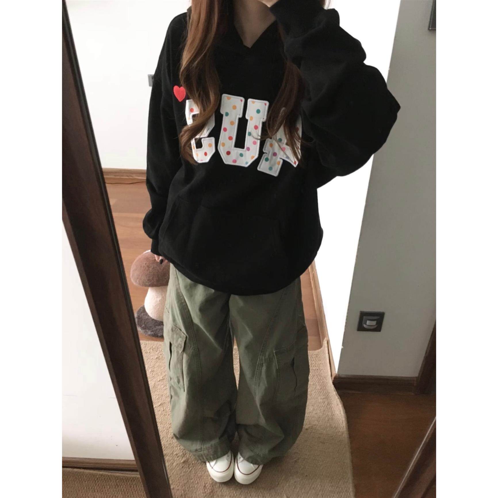韩系彩色爱心波点贴布刺绣连帽卫衣女秋冬情侣宽松慵懒风上衣外套