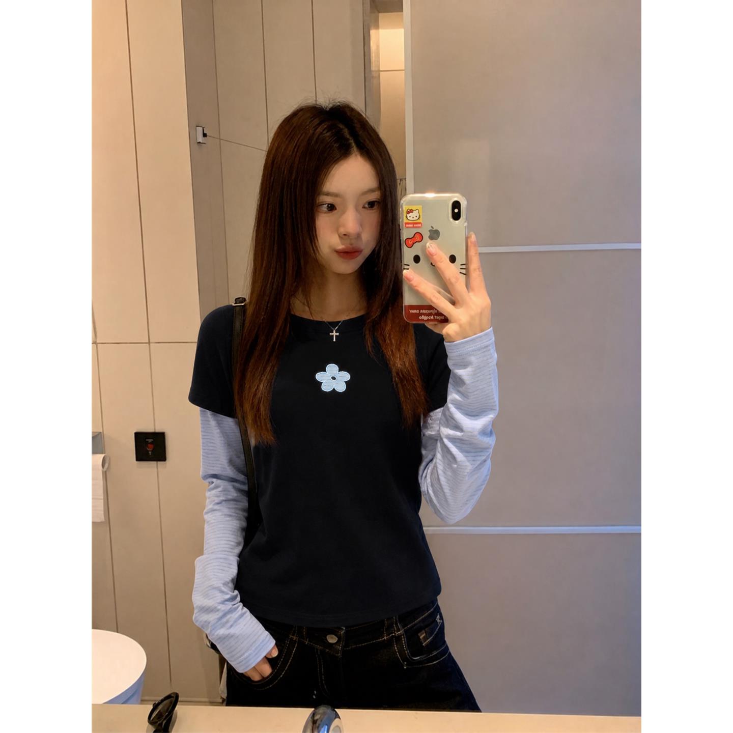 韩系条纹贴布绣假两件长袖T恤女早秋新款休闲百搭设计感小众上衣