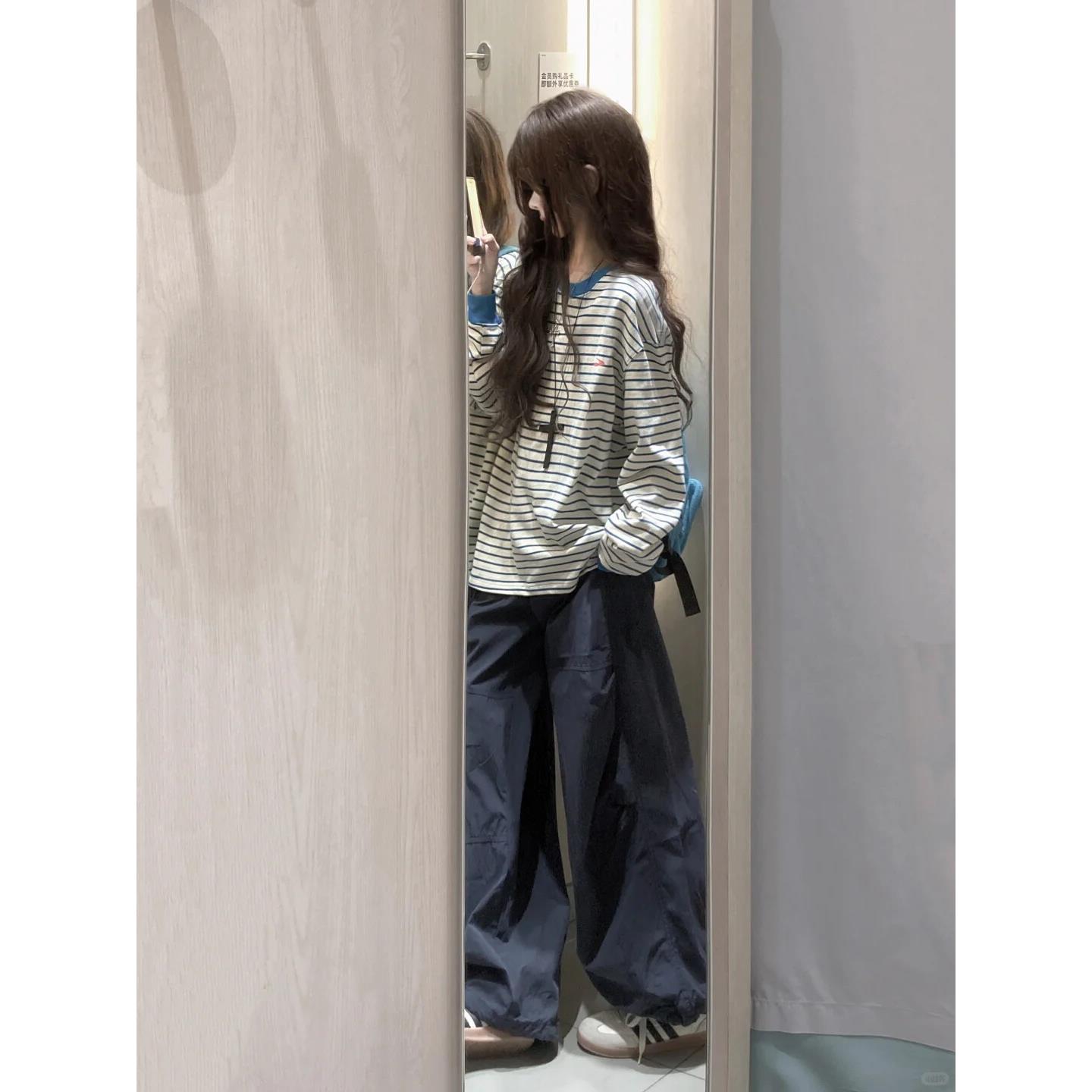 韩系蓝白条纹撞色袖口圆领长袖T恤女春秋打底宽松慵懒学院风上衣
