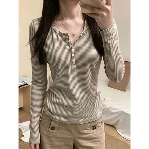 韩系亨利领条纹修身长袖T恤女