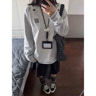 韩系波点天使翅膀条纹插肩长袖t恤女早秋宽松休闲百搭轻亚感上衣