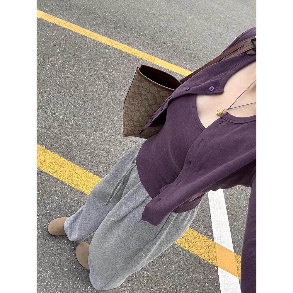 韩系辣妹紫色吊带开衫两件套图片