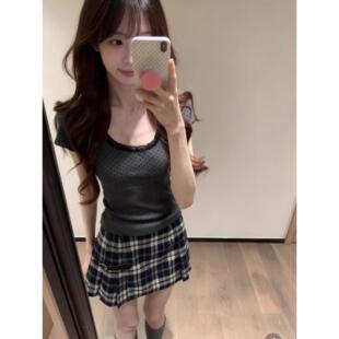 韩系甜美蕾丝花边波点设计感bm风短袖T恤女夏季修身收腰新款上衣