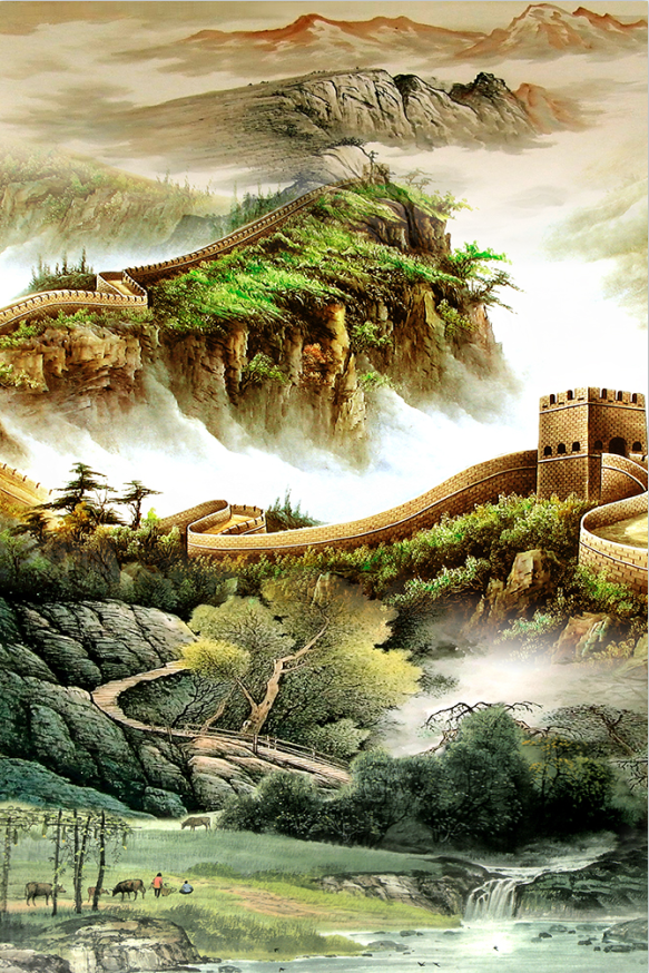 客厅影视墙瓷砖背景墙装饰壁画中式办公室万里长城壁画岩板微晶石