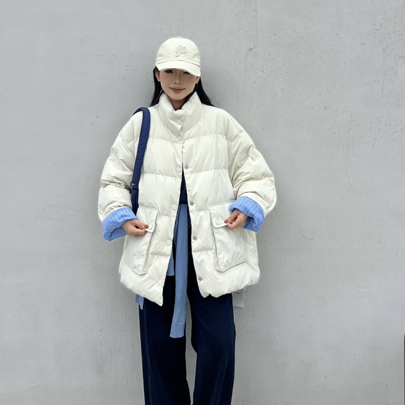 LILY-冬上新拼色中长款宽松羽绒服