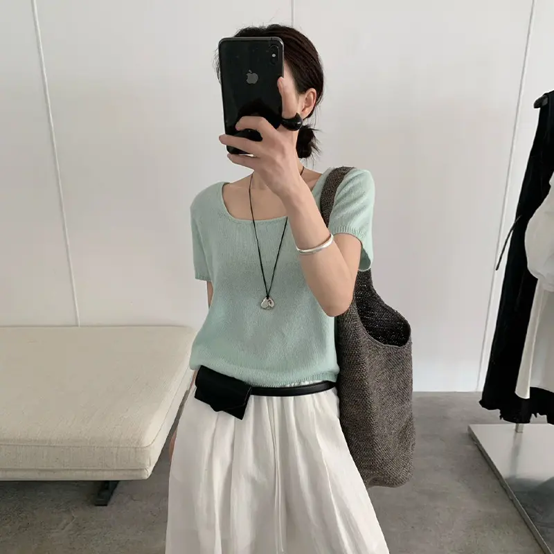 TG 简约基础净版短袖针织T恤女2025夏季新款U领短款显瘦小衫24787