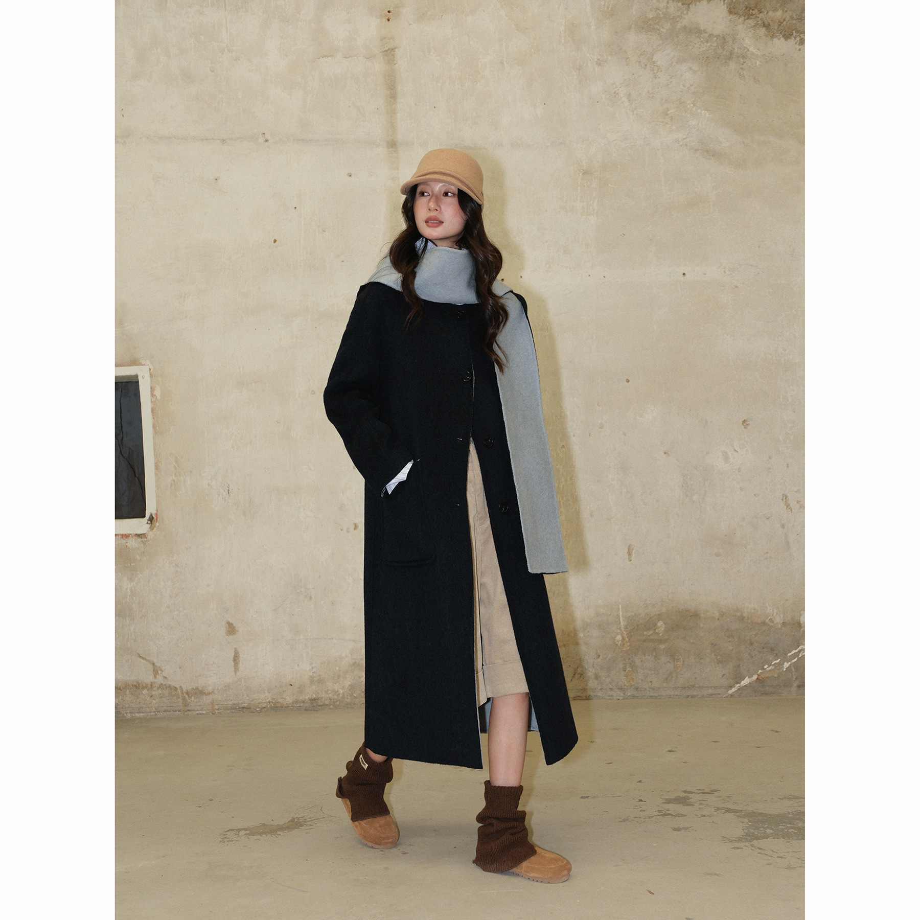 NEIHE内赫无领帽子围巾双面呢子羊毛羊绒大衣外套女冬季257380