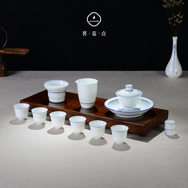 日式海澜之花子母线高白瓷手绘茶具套装薄胎陶瓷干泡盖碗功夫茶具