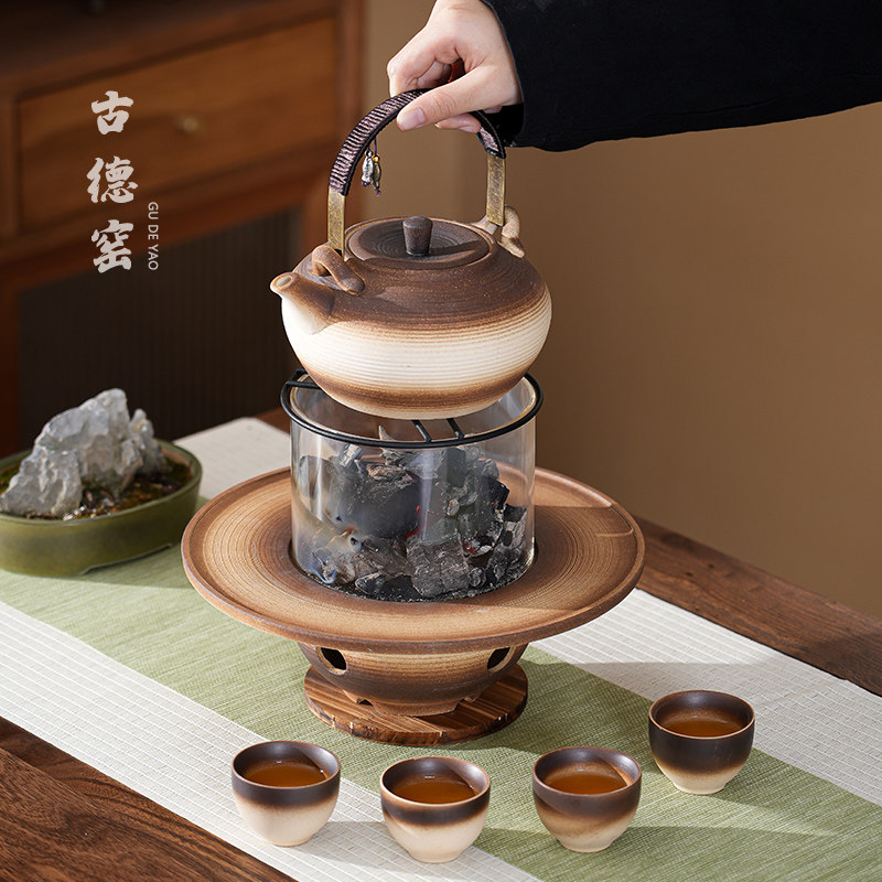 粗陶围炉煮茶器套装家用观火玻璃碳烤炉家庭围聚烤火炉加热暖茶新
