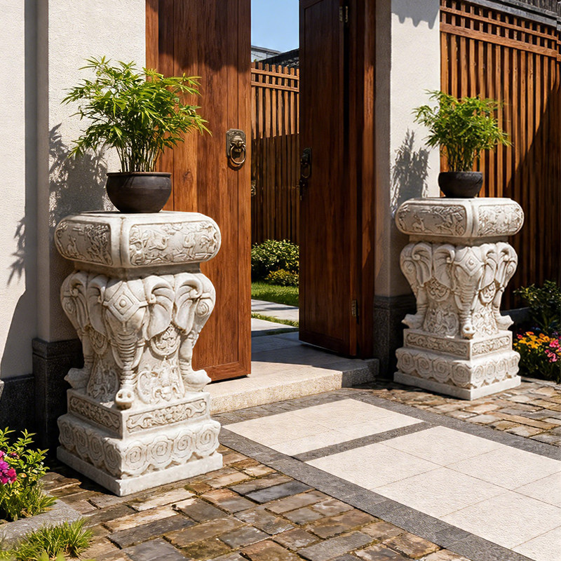 石雕花架天然汉白玉仿古做旧新中式庭院石头摆件底座花台景台