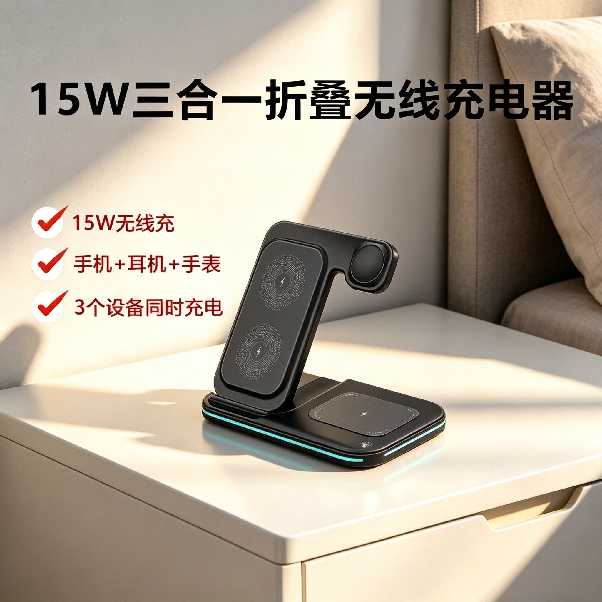 三合一无线充电器手机支架适用苹果17快充16耳机充电底座华为安卓小米桌面magsafe充电器游戏专用