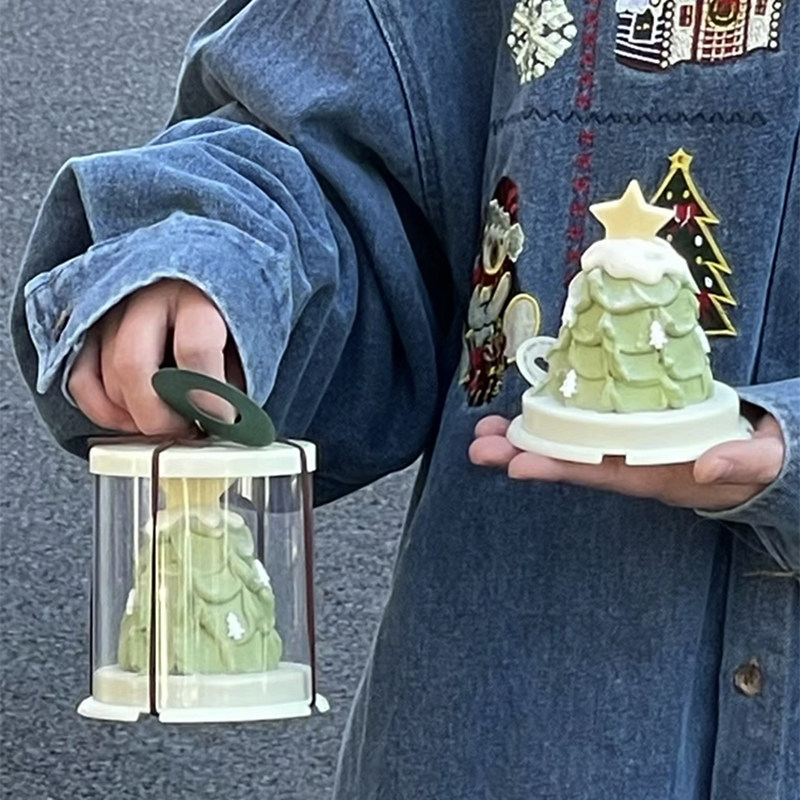 网红打包盒圣诞节蛋糕盒2寸圆形透明星星圣诞树打包法式甜品包装