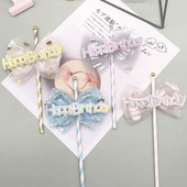 吸管蝴蝶结网纱蕾丝蝴蝶结happy 烘焙蛋糕装 饰 birthday蛋糕插件