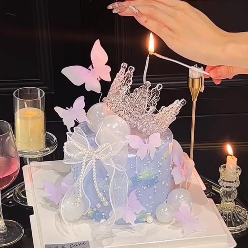 ins网红仙女风女神生日蛋糕装饰 透明皇冠摆件珍珠蝴蝶结丝带插件