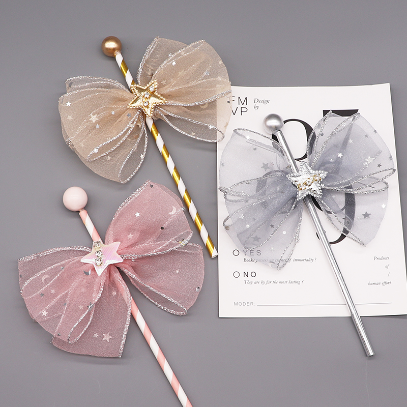 烘焙蛋糕装饰 粉色网纱蝴蝶结吸管插牌 金属球网纱蕾丝蝴蝶结插件