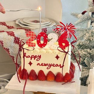 网红新年红色礼花亚克力蛋糕装饰插件2026数字元旦跨年烘焙装扮