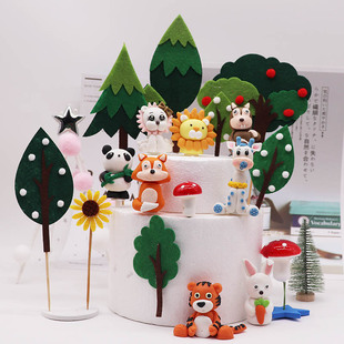 烘焙蛋糕装饰森系毛毡小树插牌插件森林树木小动物派对玩偶摆件