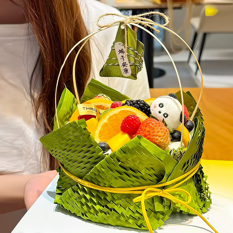 端午节绿色蜂窝纸蛋糕围边装饰DIY小提篮棕香水果熊猫棉花糖装扮