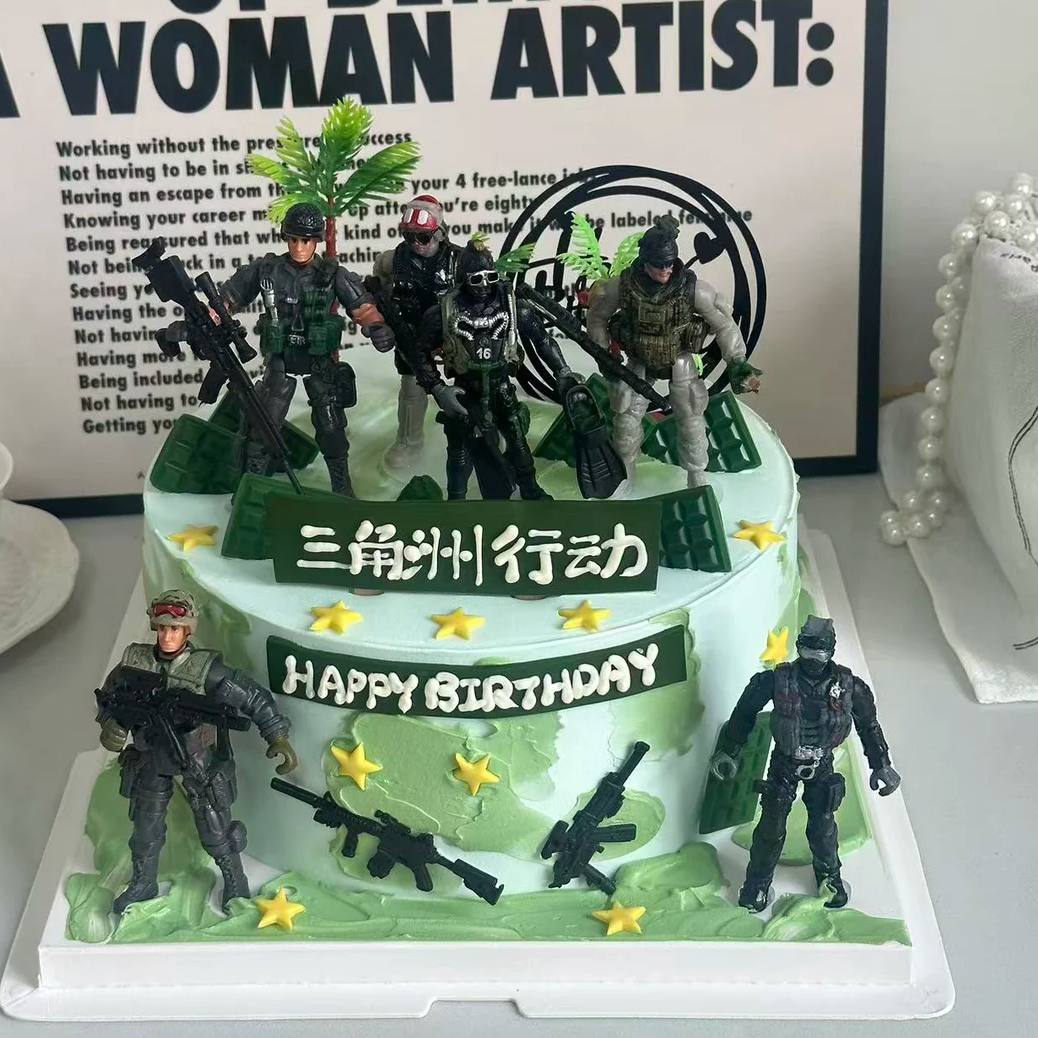 三角洲行动蛋糕装饰男孩军事迷彩生日特种兵飞机坦克蛋糕摆件插件