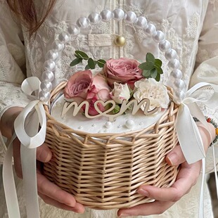 母亲节蛋糕装饰摆件蝴蝶结鲜花篮子藤编竹篮手提珍珠篮子提篮柳条