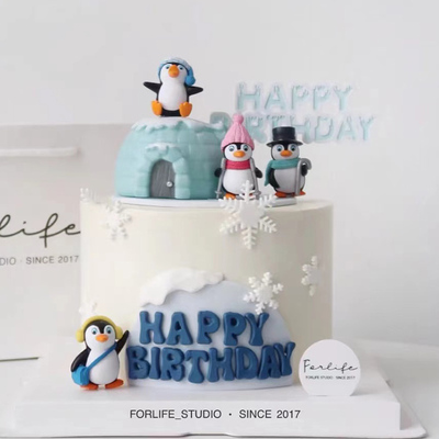 圣诞蛋糕装饰 圣诞节冰雪灯光冰屋冰山雪花企鹅蛋糕装饰摆件插件