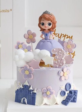 烘焙蛋糕装饰 紫色蓬蓬裙皇冠小公主女孩生日蛋糕摆件插牌插件