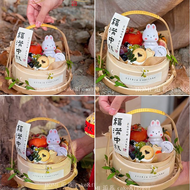 中秋节中秋巴斯克手提蛋糕竹篮发光灯兔子装饰竹编篮子贴纸装扮