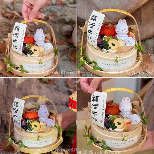 中秋节中秋巴斯克手提蛋糕竹篮发光灯兔子装饰竹编篮子贴纸装扮