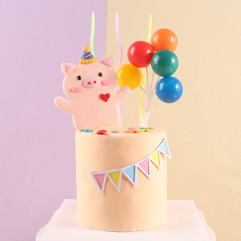软陶小猪蛋糕装饰 软陶爱心派对帽小猪猪猪女孩生日蛋糕摆件插件