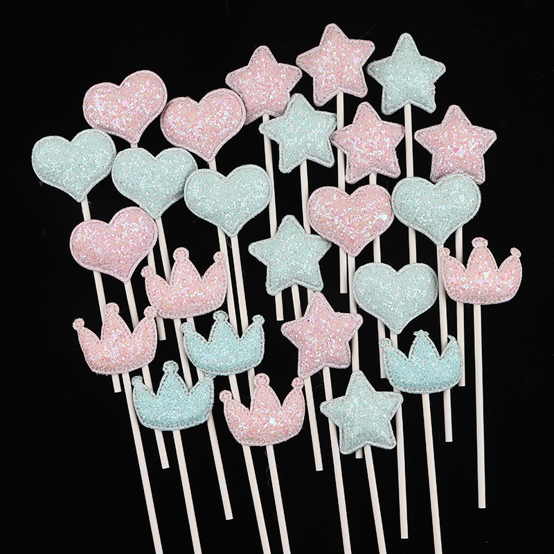 粉蓝蛋糕插牌马卡龙色闪粉浅粉蓝五角星爱心皇冠生日蛋糕插牌插件