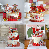 国潮风宝宝百天一周岁生日蛋糕甜品台插件 饰 中式 舞狮醒狮蛋糕装