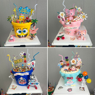 网红春游奶油桶蛋糕61儿童节蛋糕玩具卡通桶贴纸生日蛋糕摆件插件