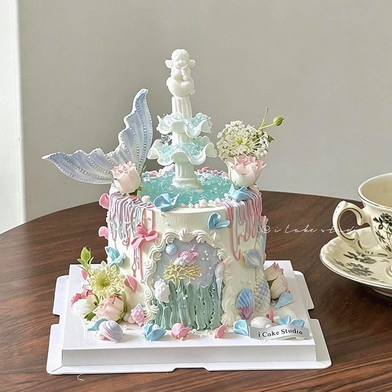 网红海洋风小天使许愿池蛋糕装饰罗马柱喷泉鱼尾生日烘焙摆件装扮图片
