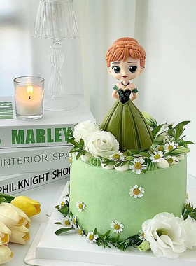 烘焙蛋糕装饰 网红森系安娜公主绿色系裙子女孩鲜花城堡蛋糕摆件