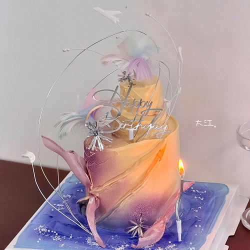 夏以昼生日pv蛋糕装饰恋与深空HBD银色亚克力铁丝羽毛礼花插件